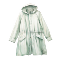 Watercolor Illustration of a Pale Green Hooded Long Coat with Drawstring Waist png