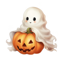 adorable dibujos animados fantasma encaramado encima un sonriente Jack-o'-lantern calabaza. png