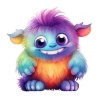 Rainbow-Colored Fuzzy Monster with Large Eyes and a Friendly Smile png