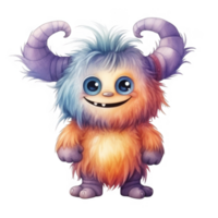 Adorable Fluffy Monster with Big Eyes and Curving Horns png