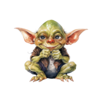 A whimsical, smiling green goblin with large ears, sitting cross-legged. png