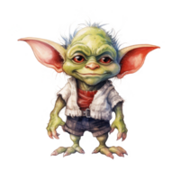 A whimsical illustration of a green-skinned goblin-like creature with large ears and unruly hair. png