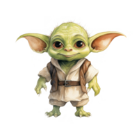 Adorable Watercolor Portrait of Grogu, the Child from Star Wars png