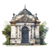Elegant Watercolor Painting of a Classical Mausoleum, Surrounded by Greenery png