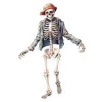A stylish skeleton wearing a denim jacket and a red beanie. png