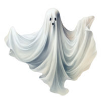 A spectral white ghost figure, ethereal and flowing, floats in the darkness. png