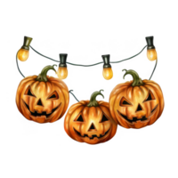 Three Jack-o'-lanterns illuminated by a string of festive lights. png