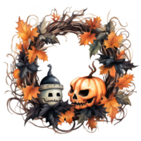 Halloween Jack-o'-lantern Wreath with Autumn Leaves and Black Bow png