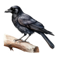 Watercolor illustration of a crow perched on a weathered branch. png