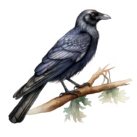 Dark-colored crow perched on a branch with leaves, detailed illustration. png