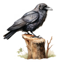 A Watercolor Painting of a Raven Perched on a Tree Stump png