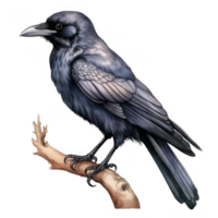Watercolor Illustration of a Raven Perched on a Branch png