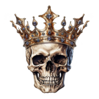 A human skull adorned with an ornate jeweled crown, a macabre royal image. png