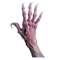 A grotesque, multi-fingered hand reaches upward, its anatomy distorted and unsettling. png