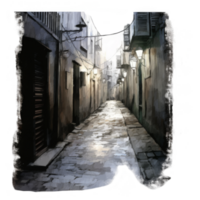 Nocturnal cobblestone alleyway scene with illuminated lanterns and aged buildings. png