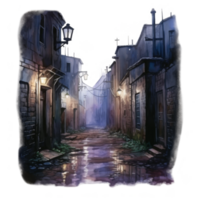 Nocturnal cobblestone alleyway scene with illuminated lanterns and aged buildings. png