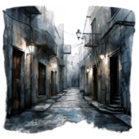 Nocturnal cobblestone alleyway scene with illuminated lanterns and aged buildings. png
