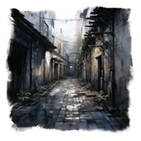 Nocturnal cobblestone alleyway scene with illuminated lanterns and aged buildings. png
