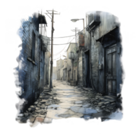Nocturnal cobblestone alleyway scene with illuminated lanterns and aged buildings. png