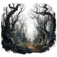 A painting of a forest with trees and people png