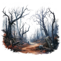 A painting of a forest with trees and skulls png