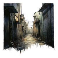 Nocturnal cobblestone alleyway scene with illuminated lanterns and aged buildings. png