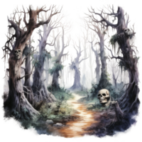 A painting of a forest with a skull and a tree png