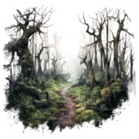 A painting of a forest with trees and a path png