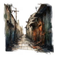 Nocturnal cobblestone alleyway scene with illuminated lanterns and aged buildings. png