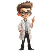 A Cartoon Boy Scientist in a Lab Coat, Pointing Upward, with Glasses png