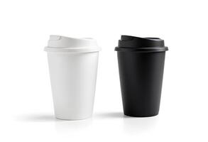 Blank black and white disposable paper cup with plastic lid mock up isolated, 3d rendering. Empty polystyrene coffee drinking mug mockup front view. Clear plain tea take away package. photo