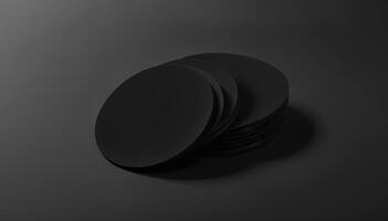 Blank black round beer coasters stack mockup on dark surface, depth of field, 3d rendering. Empty cardboard disk pile mock up. Clear beermat for glass or can template. photo