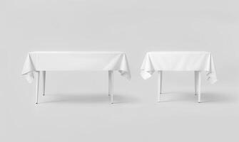 Bank white table cloth mock up set, clipping path, 3d rendering. Clear tablecloth design mockup isolated. Fabric space satin on desk template. Kitchen table clean textile overlay. Setting photo