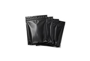 Blank black sachet packets stack mockup, isolated, top view, 3d rendering. Empty packed wet wipe heap, aromo and medication. Clear pile container for tea, coffee and sauces. photo