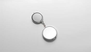 Blank metal rhombus white key chain mock up side view, 3d rendering. Clear silver keychain design mockup isolated. Empty plain keyring souvenir holder template. Steel trinket label. photo