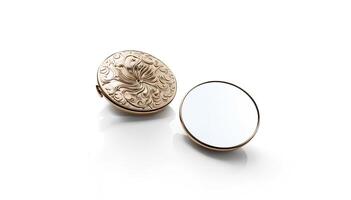 Blank white ellipse gold lapel badge mock up, front and back side view, 3d rendering. Empty luxury hard enamel pin mockup. Golden clasp-pin design template. Expensive square brooch, logo photo