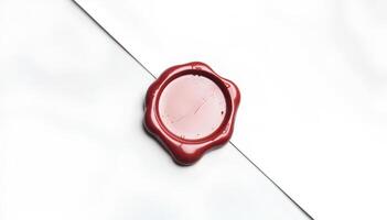 Blank red wax stamp on paper envelope mockup, top view, depth of field, 3d rendering. Empty antique wax seal for mail mock up. Clear postal symbol for secure message template. photo
