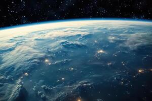 Earth viewed from space, with clouds, stars, and city lights. photo