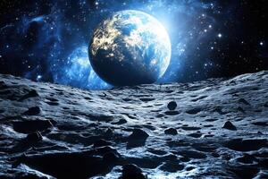Earth rises above a cratered lunar surface. photo
