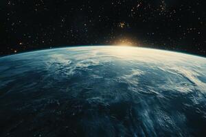 Sunrise over Earth from space with clouds and stars. photo