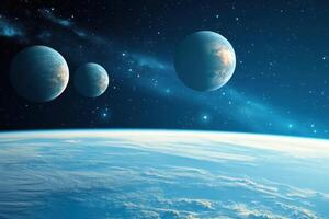 Four planets in space, viewed from a planet's surface. photo
