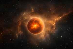 Glowing red planet in a nebula. photo