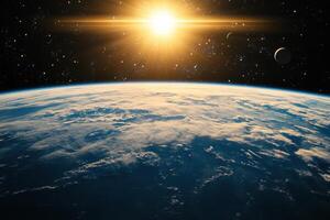 Sunrise over Earth from space, with the sun shining brightly. photo