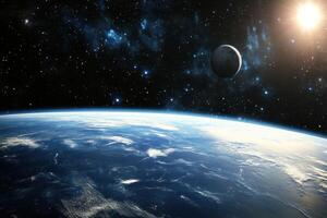 Earth from space with sun and moon in the background. photo
