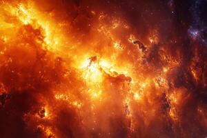 Fiery orange and yellow nebula with white stars in space. photo