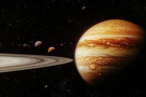 Jupiter and its moons in a dark starry sky. photo