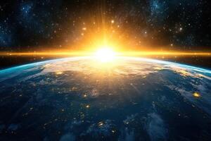 Sunrise over Earth from space with stars and galaxy. photo
