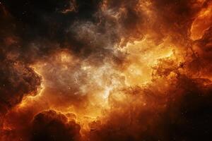 Fiery orange and yellow nebula with stars in deep space. photo