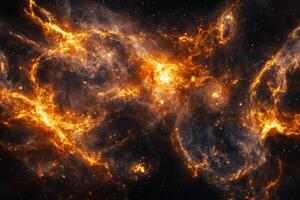 Fiery orange and yellow nebula in a dark space background. photo