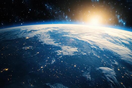 Sunrise over Earth from space, showing city lights and clouds. photo